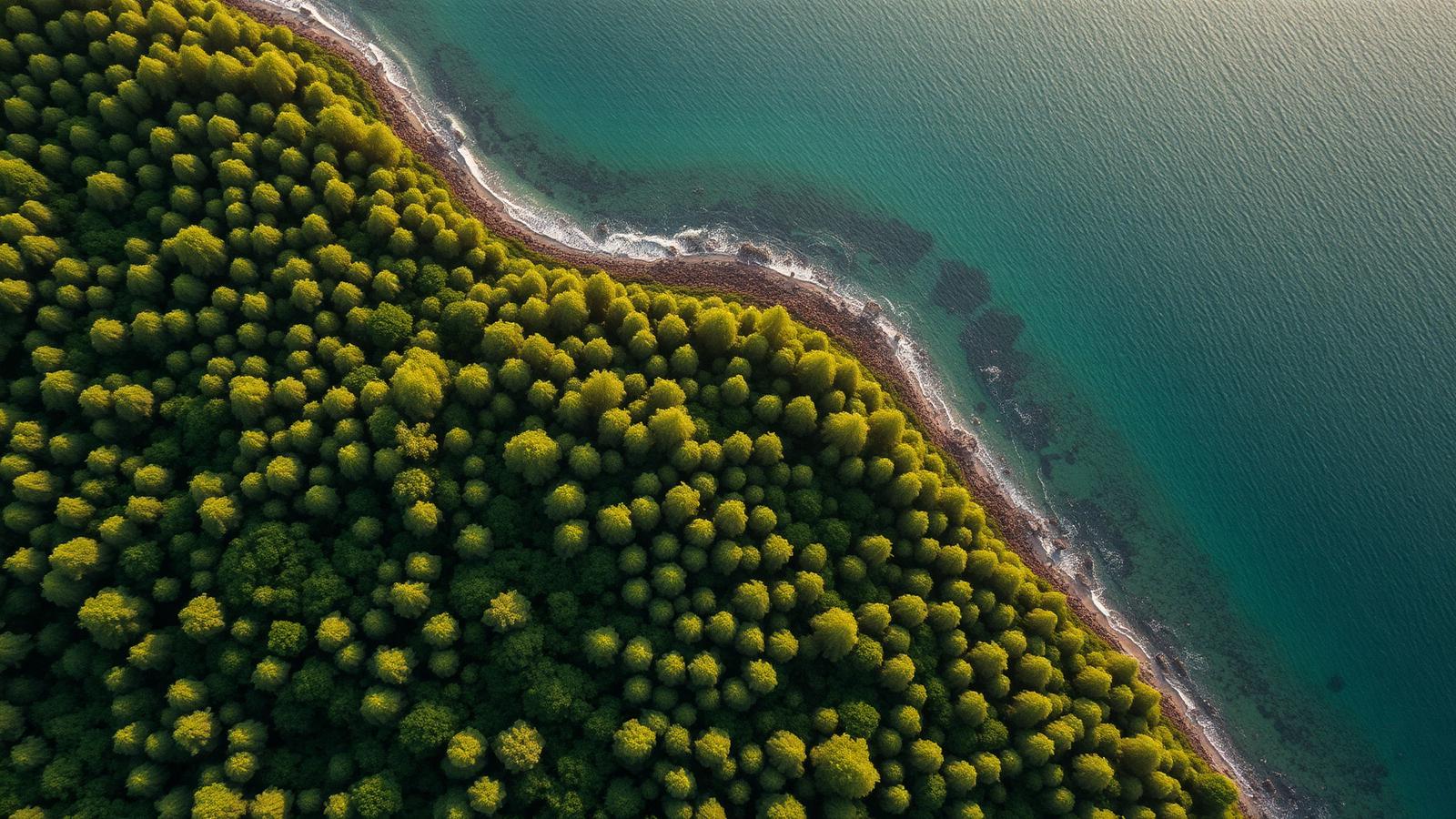 Aerial view of forest meeting the sea