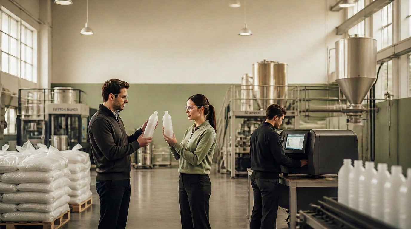 Technical team comparing PCR bottles in a converter plant with a colorimetry machine in the background